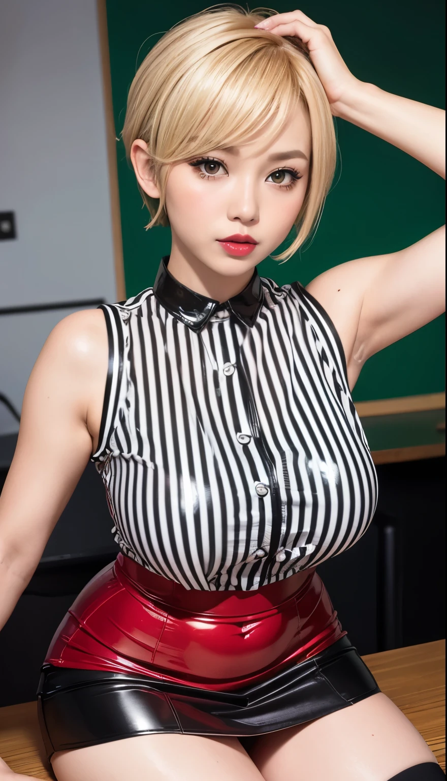 Thai Idol A MILF Big Breasts ((Bright red shiny lipstick)) Short blonde hair with bangs and wavy ((Blonde Shorthair)) ((Looking at the camera)) ((Super shiny enamel white and black striped shirt and enamel tight skirt)) Cyberpunk Classroom Duck mouth Glossy skin wet with sweat close up of face Teary-eyed ((Beautiful armpits)) Smokey makeup black mascara Sweaty, oily skin Armpit Zoom Naughty teacher sitting on the desk View from the floor Looking down