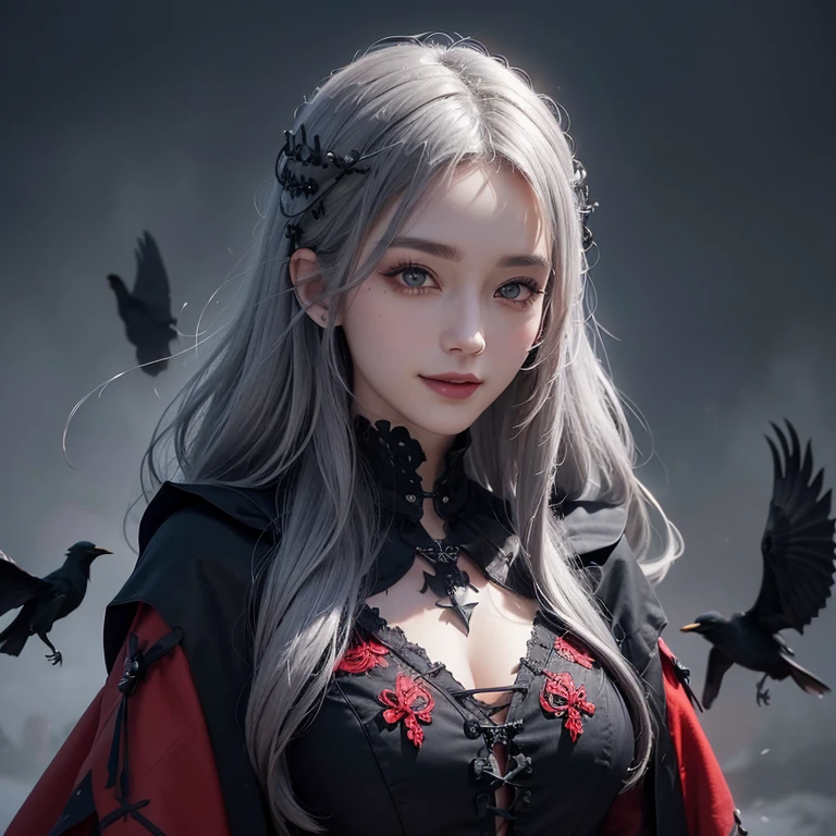 Dark fantasy,Windy weather, Real crows、 ((highest quality、masterpiece、8k、Best image quality、Ultra-high resolution、Award-winning works)、(Accurate anatomy:1.1)、(Look at me and smile:1.1)、Shining fair skin with Ultra-high resolution、The most detailed face、Ultra-high resolution detailed face、Short, flowing grey hair 、Beautiful face drawn in every detail、 Red and black gothic punk fashion, Modest chest , 肩に乗ったReal crows:1.5