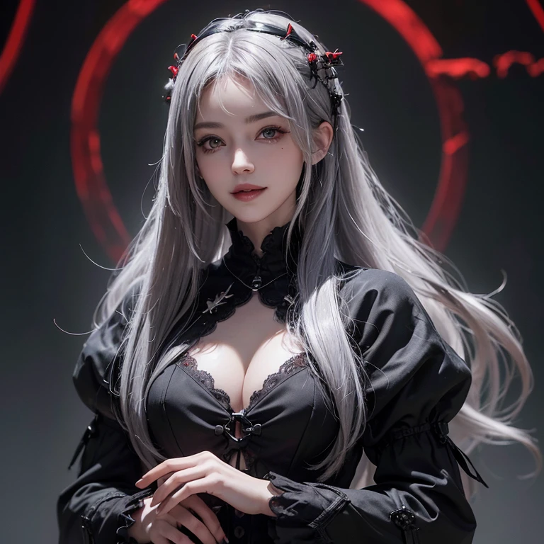 Dark fantasy,Windy weather, Real crows、 ((highest quality、masterpiece、8k、Best image quality、Ultra-high resolution、Award-winning works)、(Accurate anatomy:1.1)、(Look at me and smile:1.1)、Shining fair skin with Ultra-high resolution、The most detailed face、Ultra-high resolution detailed face、Short, flowing grey hair 、Beautiful face drawn in every detail、 Red and black gothic punk fashion, Modest chest , 肩に乗ったReal crows:1.5