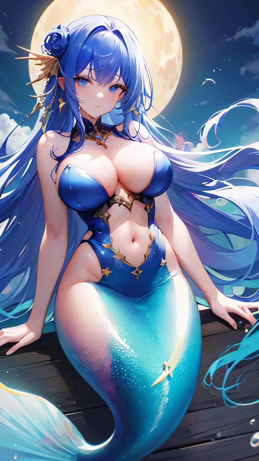 ((Best quality, 8k, Masterpiece: 1.3)), Slim abdomen, dark blue hair, hair behind ear, long hair, big hair, wet hair, star hair ornament, upturned eyes, pointy ears, light smile, ((mermaid)), sitting on the reef, beautiful face, best quality, shiny skin, detailed skin, ((detailed face, detailed eyes))