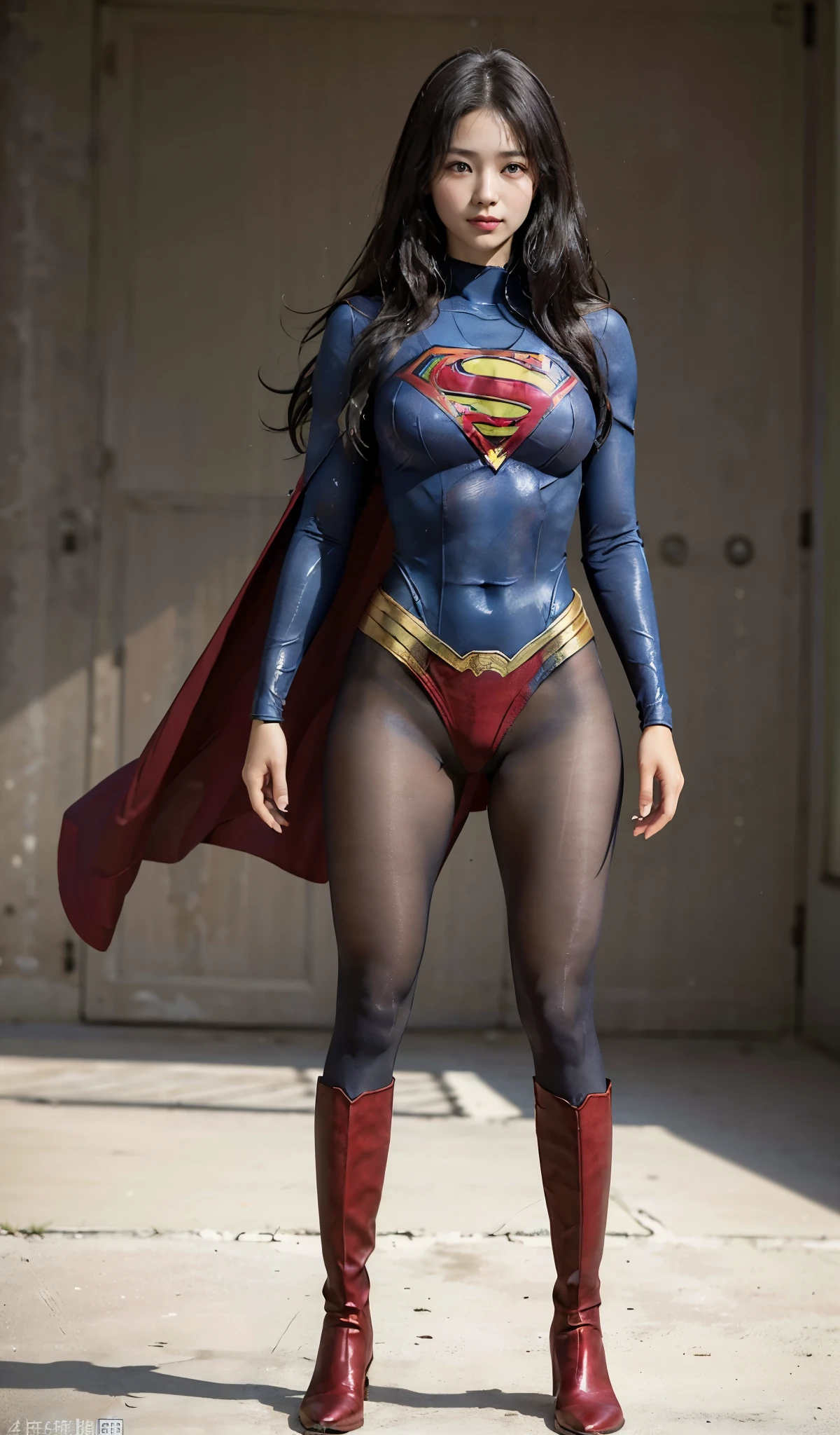 No background、(((Beautiful legs in black tights.)))、(((Legally express the beauty of your smile)))、((((Make the most of your original images)))、(((Supergirl Costume)))、(((Beautiful Hair)))、(((suffering)))、(((Please wear black tights....、Wear red boots)))、((Best image quality、8k))、((highest quality、8k、masterpiece:1.3))、(((Preserve background )))、Sharp focus:1.2、Beautiful woman with perfect figure:1.4、Slim Abs:1.2、Wet body:1.5、Highly detailed face and skin texture、8k