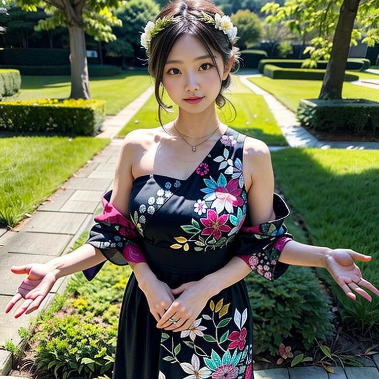 (highest quality、4k、8k、High Resolution、masterpiece:1.2)、Super detailed、(Real、Photorealistic、Photorealistic:1.37)、Plant-human hybrid、Beautifully intertwined、Creation of Nature、Fusion of biology、A blend of organic forms 、exquisite floral pattern、Plant elements combined with human features、Lush greenery enveloping the human form、Vibrant flowers sprout from human limbs、Unity in Diversity、Quietly intertwined、Blooming limbs dancing in the wind、The delicate veins of life flowing through the skin of a flower、Ethereal beauty with a slightly quirky touch、Anthropomorphic Enchanted Garden、Beyond the boundaries between nature and humanity、Celebrating the interconnectedness of all life、Awe-inspiring transformations of flora and fauna、An unexpected union of two disciplines。 media: Digital illustration、Mixed Media Works、Experimental Art Installation Additional Details: A captivating flower crown adorning the head、Ivy vines hanging down the arms and legs、Delicate petals appearing from your fingertips、Roots intertwined with leaf veins、Flowers blooming from an open mouth、Leaves that reflect the world - Human body shape、Leaves enveloping the body、Butterfly wings growing from shoulder blades、Bioluminescent mushrooms that illuminate their surroundings、Pollen floating in the air、A fantastic atmosphere、An otherworldly energy radiates from the hybrid form.、Dappled sunlight filtering through the trees and the dense foliage casting mesmerizing shadows on the ground.。 Artistic style: Surrealism、Botanical realism、Modern fantasy、Magical Realism、Fantastic beauty、dream-like、Unusual color palette: Brilliant green、Soft pastels、Warm earth tones、Pop vibrant floral pattern、A gentle gradient from light to dark、A harmonious blend of natural shades 、Iridescent lighting creates an otherworldly glow:Soft and diffused sunlight、Dappled Shadow、Glowing bioluminescence、Warm golden glow、Illuminating the interplay between plants and the human form