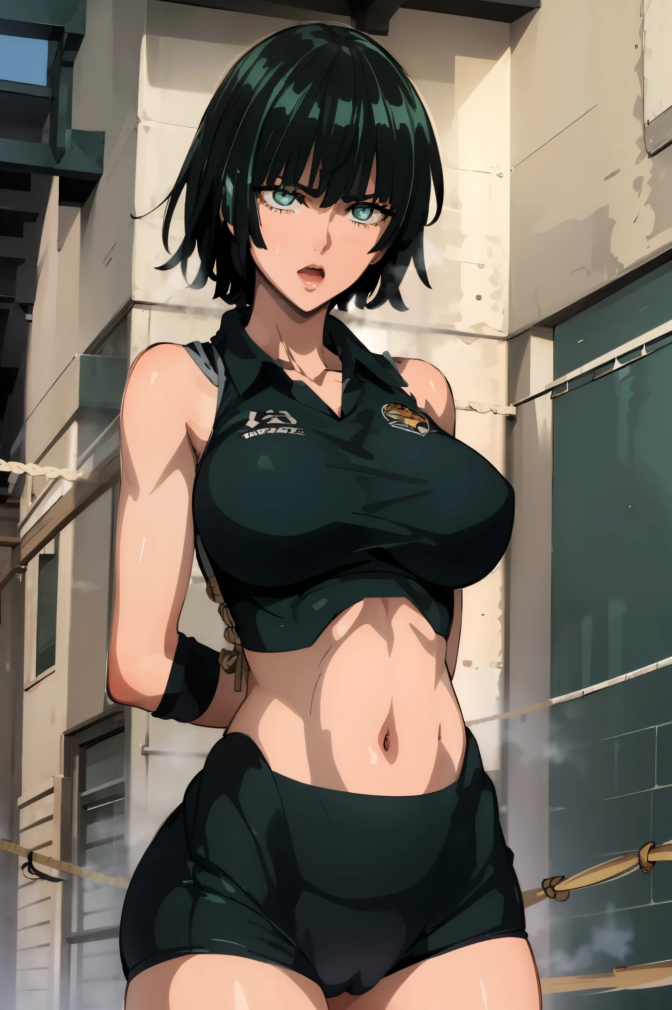 green eyes, (green color hair:1.2),By bang，short hair, 
BREAK ((((buruma:1.3), (crop top:1.1), sleeveless volleyball uniform)):1.2),
BREAK (crotch rope walking:1.0), volleyball player, shiny skin, watching the view, seductive thighs, cameltoe, bare arms, bare hands, bottomless, break, ((symmetrical clothinetallic)),  ((brown rope)), shibari:1.5, (shibari over clothes), ((arms behind back:1.4, ) crotch rope), breasts bondage, arms bondage, ((ashamed, open mouth, sweaty)), (beautiful scenery), evening, day, ((volleyball gymnasium, volleyball cort)),
BREAK (masterpiece:1.2), best quality, high resolution, unity 8k wallpaper,NSFW ,(illustration:0.8), (beautiful detailed eyes:1.6), extremely detailed face, perfect lighting, extremely detailed CG, (perfect hands, perfect anatomy),