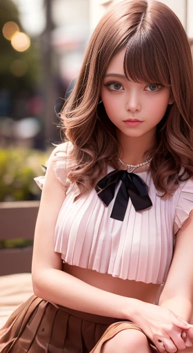 ((One Girl)), (Bob Hair), Brown Hair, Great face and eyes, Pink Eyes, (Amazingly beautiful girl), Brown Hair, (expensive , Pleated mini skirt:1.5), ((highest quality)), (Super detailed), (Highly detailed CG synthesis 8k wallpaper), expensively detailed, expensive-definition raw color photos, Professional photography, (((Bokeh))), Depth of written boundary,