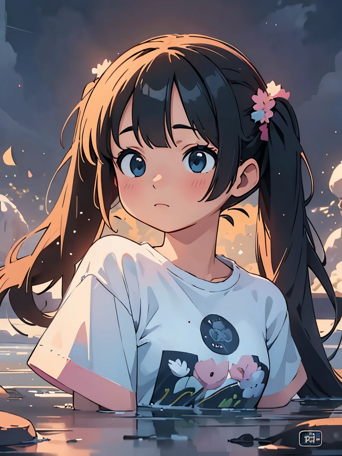 (masterpiece、highest quality、highest quality、Official Art、Beautiful and beautiful:1.2)、(One girl:1.3)Hatsune Miku、Twin tails,Big Breasts,(masterpiece, highest quality),Best lighting,One girl, Chibi Style,cute,Long hair,bangs,Beautiful and delicate face,Beautiful and delicate eyes,Big eyes,T-Shirts,Clear Background,Floating water,Upper Body, close