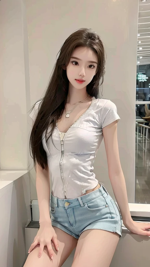 realistic, high resolution, 1 girl, long hair, korean,, short white shirt, skinny denim shorts,, thighs, panties visible, sexy pose