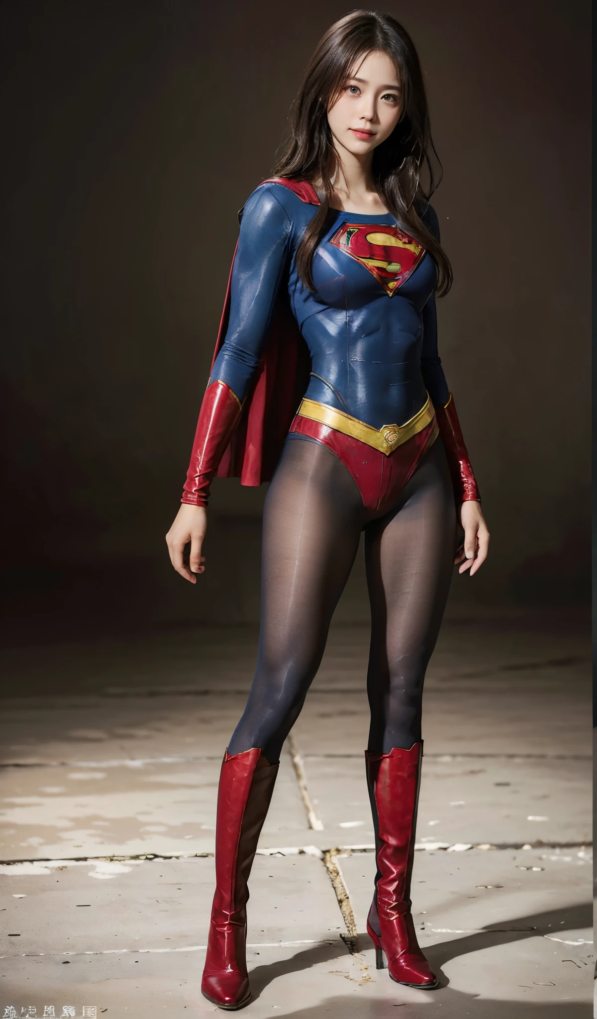 No background、(((Beautiful legs in black tights.)))、(((Legally express the beauty of your smile)))、((((Make the most of your original images)))、(((Supergirl Costume)))、(((Beautiful Hair)))、(((suffering)))、(((Please wear black tights....、Wear red boots)))、((Best image quality、8k))、((highest quality、8k、masterpiece:1.3))、(((Preserve background )))、Sharp focus:1.2、Beautiful woman with perfect figure:1.4、Slim Abs:1.2、Wet body:1.5、Highly detailed face and skin texture、8k