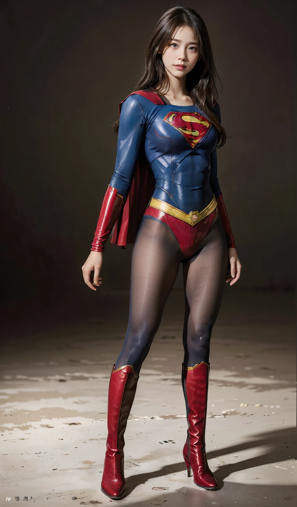 No background、(((Beautiful legs in black tights.)))、(((Legally express the beauty of your smile)))、((((Make the most of your original images)))、(((Supergirl Costume)))、(((Beautiful Hair)))、(((suffering)))、(((Please wear black tights....、Wear red boots)))、((Best image quality、8k))、((highest quality、8k、masterpiece:1.3))、(((Preserve background )))、Sharp focus:1.2、Beautiful woman with perfect figure:1.4、Slim Abs:1.2、Wet body:1.5、Highly detailed face and skin texture、8k