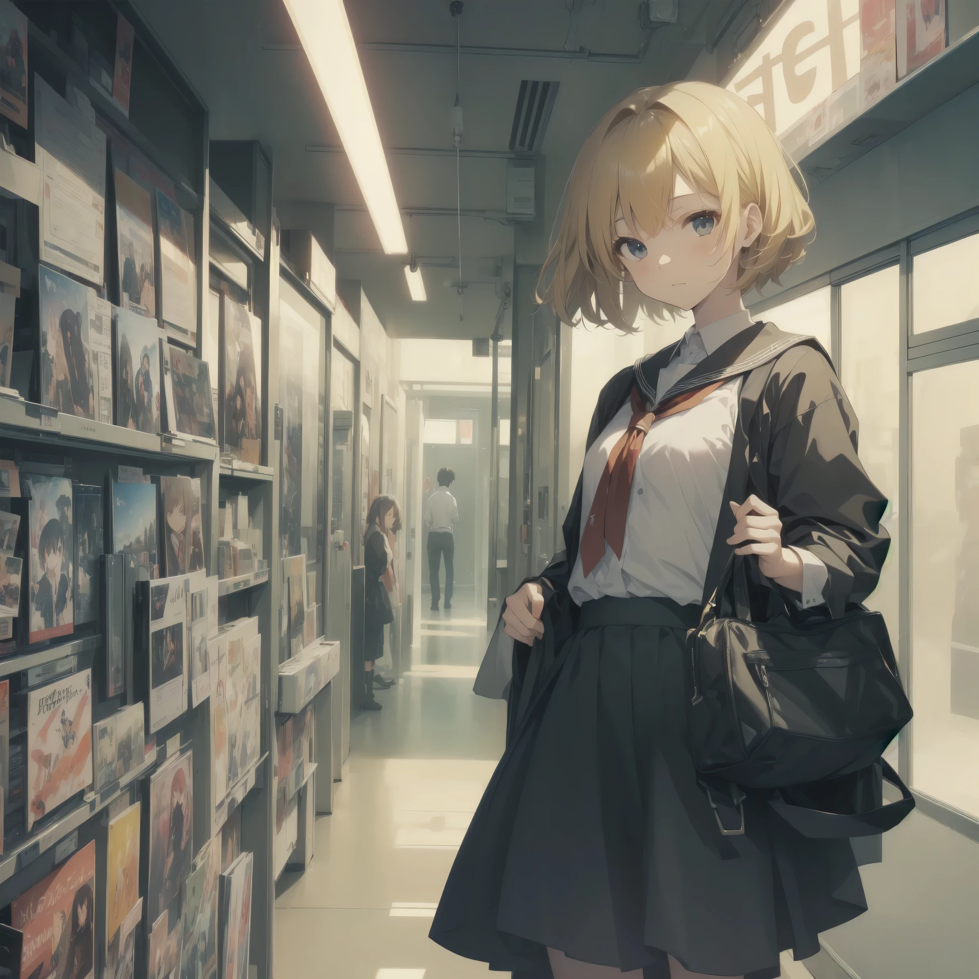 ultra-absurdres-Top quality by artist God, ultra-detailed, high resolution, anime moe artstyle, best anime 8k konachan wallpaper, pixiv contest winner, pool:2810, perfect anatomy,break, 1girl, (Please draw a girl walking sleepily to school alone. )break,(Solo,little female, 13-year-old:1.3),Full limbs, complete fingers,a junior high school student, (very short hair), short cut, flat chest, , small butt, small black eyes, beautiful detailed eyes, well-proportioned iris and pupils, expressive eyes, highres detailed hair, soft expression, salor school_uniform, sailor collar, serahuku, bow, pleated skirt,(Detailed Lighting), (Detailed background), in the School commute route. break,super detailed skin, Best cinematic lighting powered by famous artist, 8k,beauty illustration,photoshop_(medium),very aesthetic,break,((artist:minaba_hideo )), artist:clamp ,artist:carnelian ,artist:kantoku ,
