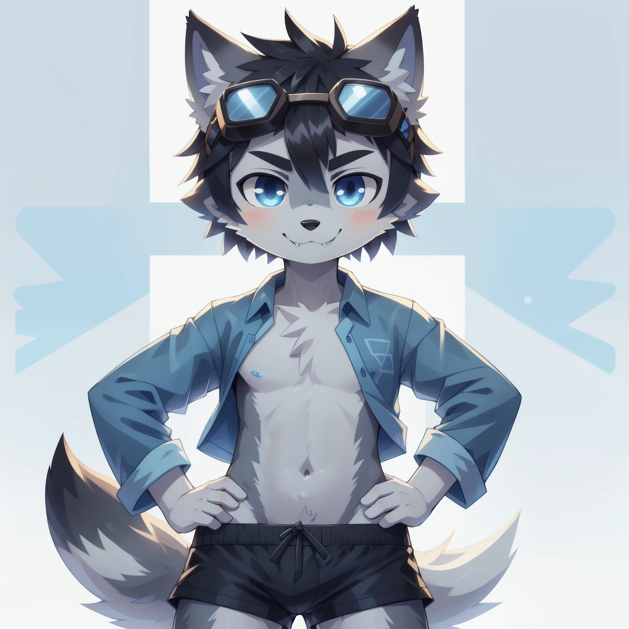 Furry shota, young, wolf, black hair, long spiky ponytail, blue eyes, detailed body fur, ((blue hawaiian shirt, open clothes, black swim trunks, goggles)), masterpiece, looking at you, fangs, clear grey body fur, detailed face, big eyebrows, detailed eyes, detailed body, detailed body fur, detailed hands, flat body, glistering body, shiny body, skinny, perfect lighting, perfect shadows, perfect eyes, perfect hair, perfect face, gorgeous body, hands on hips, solo, :3, smilling, simple background, white background,