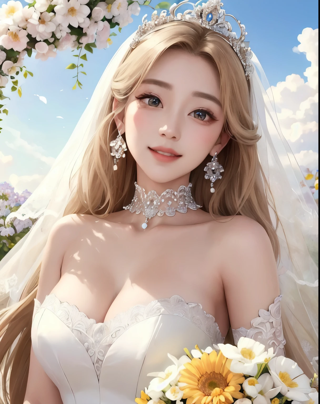 Super detailed、highest quality、masterpiece、
vivid、beautiful girl、Wide double eyelids、Big eyes、Japanese、Sepia eyes、Long Hair、Blonde、Flower Field、Daytime、bright、vivid、Princess、princess、goddess、clear、bride、Wedding dress、race、((organdy))、choker、Earrings、tiara、Natural smile
