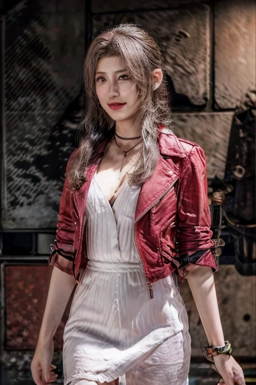 Realistic, realism, photorealism,(Live-action adaptation写真画像), High Contrast, (), (8k high definition detailed Realistic), (highest quality), masterpiece:1.2), (Live-action adaptation), Photon Mapping, Radio City, Physically Based Rendering, highest quality, Very detailed,One Girl, did, Green Eyes,(Flower Field), (Red jacket), (Pink short dress), Cowboy Shot, Sensual, Full body image, , Full Body Shot,A smile showing white teeth,