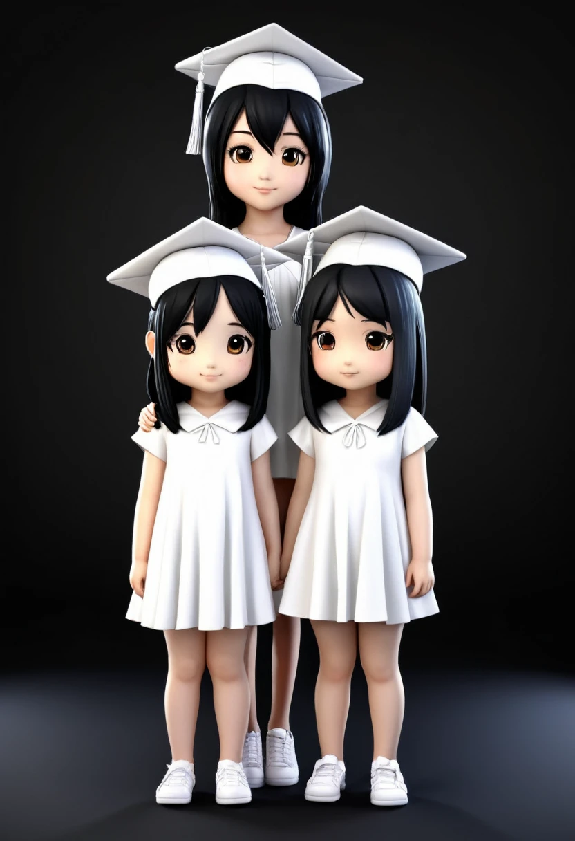 I need a  ,a three  best friends with black hair, wearing  white cap and a white dress for graduation day ,  make it in a 3D or in a chibi anime black background