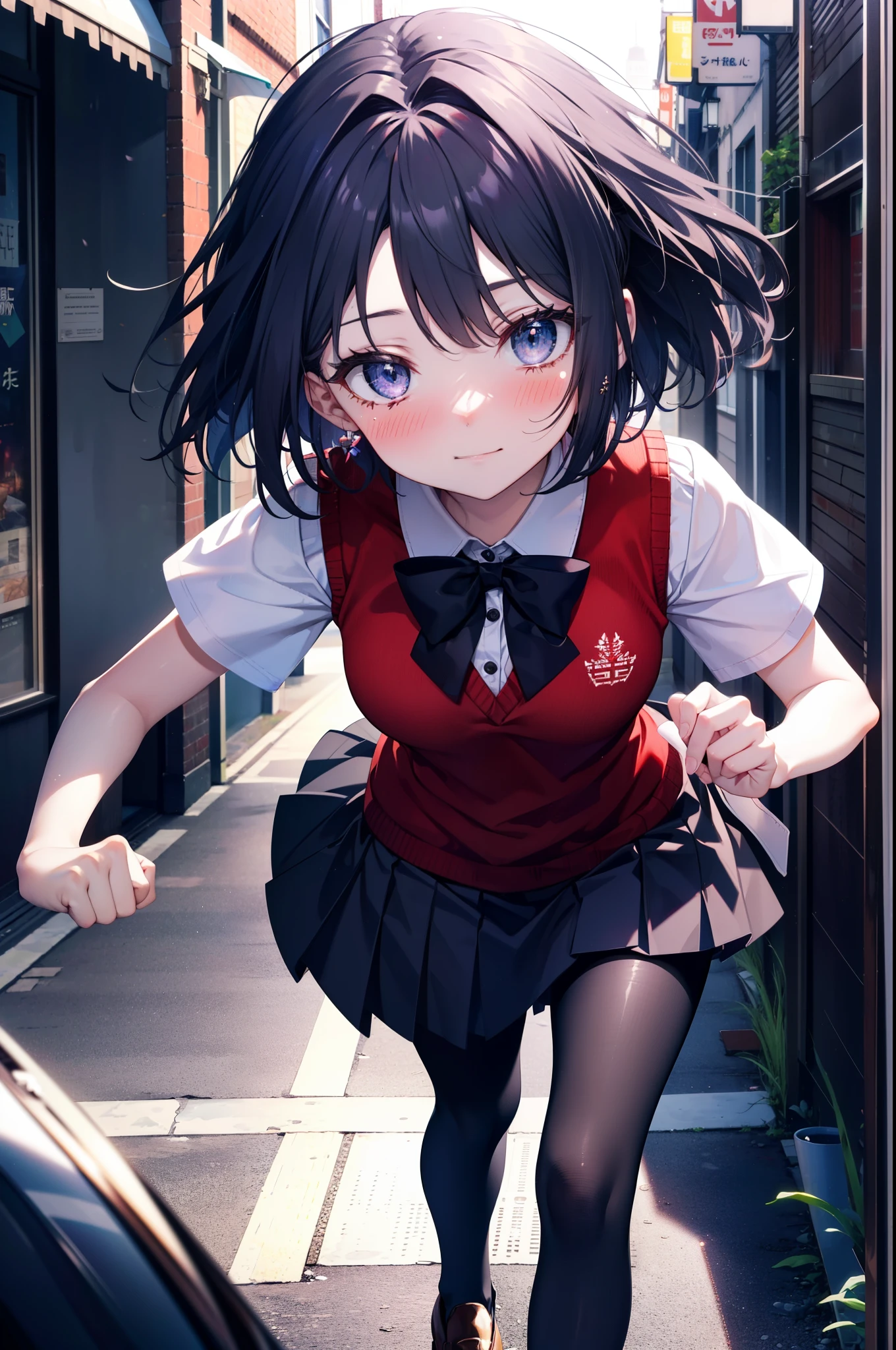 yuukikonno, Yuki Konno,Black Hair,short hair,Bob Hair ,Green headband,(iris:1.5), (Small breasts:1.2), smile,break skirt, shirt, bow, ribbon, , white shirt, Short sleeve, Pleated skirt, collared shirt, mini skirt, bowtie, 茶色のloafers , Black Skirt, Black Pantyhose, loafers, black bow, Sweater vest, (red Sweater vest:1.5),whole bodyがイラストに入るように,walk,Looking down from above,
break outdoors, city,construction area,
break looking at viewer, whole body,
break (masterpiece:1.2), highest quality, High resolution, unity 8k wallpaper, (shape:0.8), (Beautiful details:1.6), Highly detailed face, Perfect lighting, Extremely detailed CG, (Perfect hands, Perfect Anatomy),