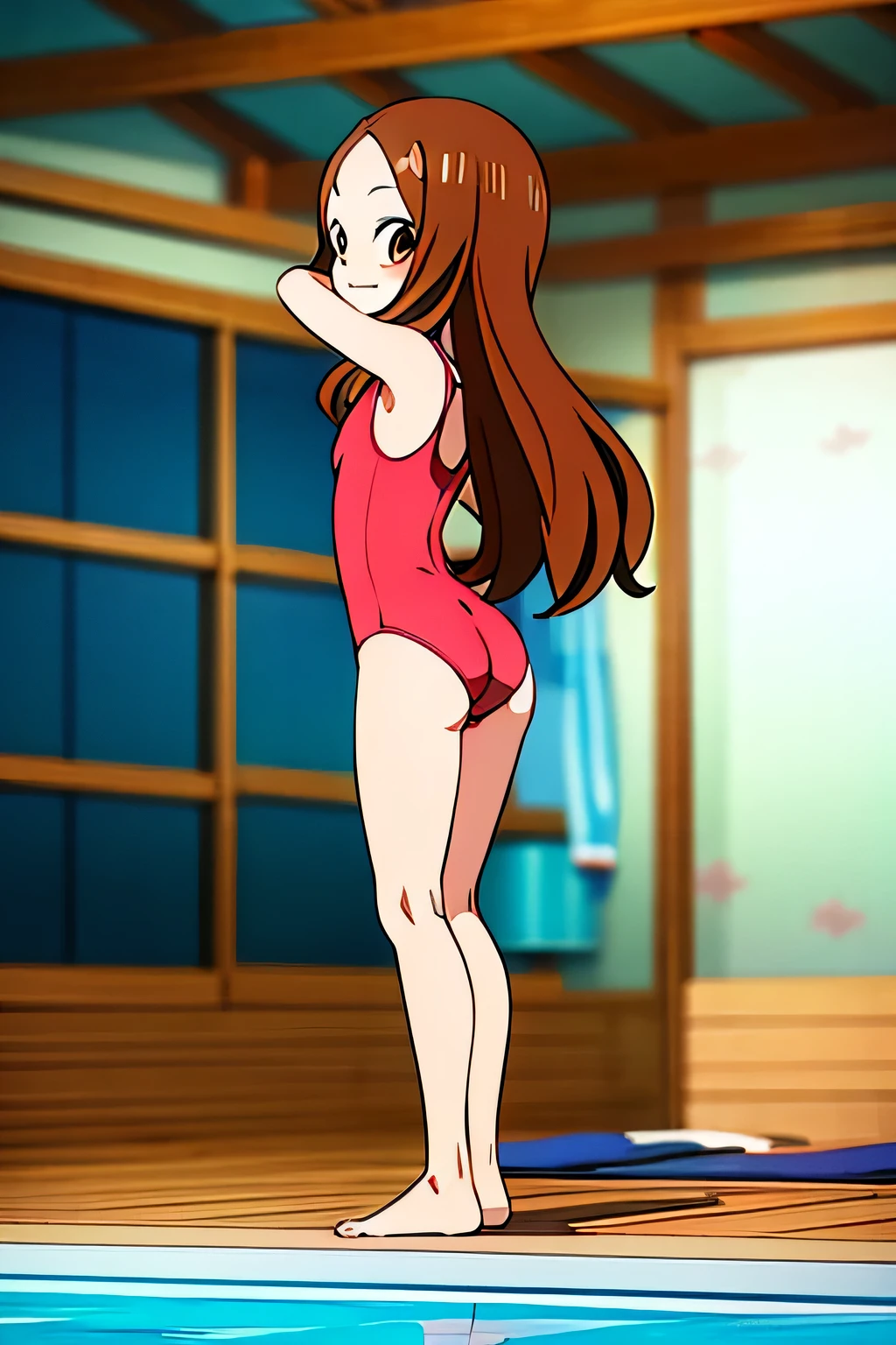 Takagi 1 Chica、alta calidad、swimsuit、full body, El fondo es una piscina、Interior lighting light, big ass, ass pose