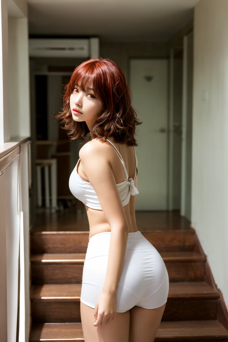 a woman that is standing on some stairs, short hair, Korean, a picture, inspired by Kim Jeong-hui, tumblr, curvy accentuated booty, jaeyeon nam, cosplay photo, white red