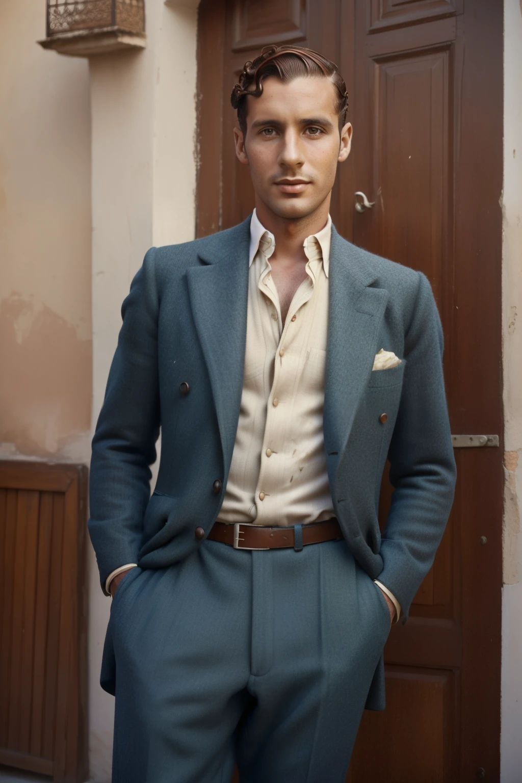 Tetouan, 1937. A young ((((35-year-old)) Marcus Logan)), englishman, tall, ((((clothings from the 1930s)))), ((messy chestnut hairstyle of the 1930s)), (colorful)