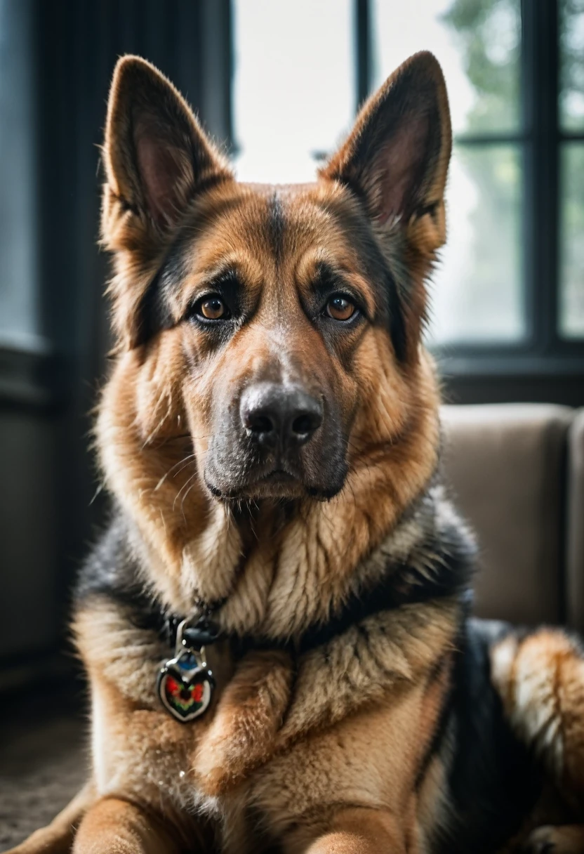 film photography style, best quality,ultra-detailed,HDR,animal photography, German shepherd color portrait, Linkedin profile picture, professional portrait photography by Martin Schoeller, by Mark Mann, by Steve McCurry, bokeh, studio lighting, canon lens, shot on dslr, megapixels, sharp focus, light grain