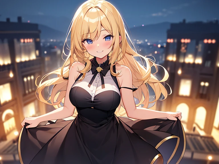 Masterpiece, Top quality, (1 beautiful girl :1.2), Blonde, medium hair, wave hair, airy hair, 24 year old, medium breasts, standard weight, dress, (smile:1.3), blush, beautiful scene of party venue, (blurry background:1.2), magnificent panorama view, midnight, night view, dynamic pose, from above