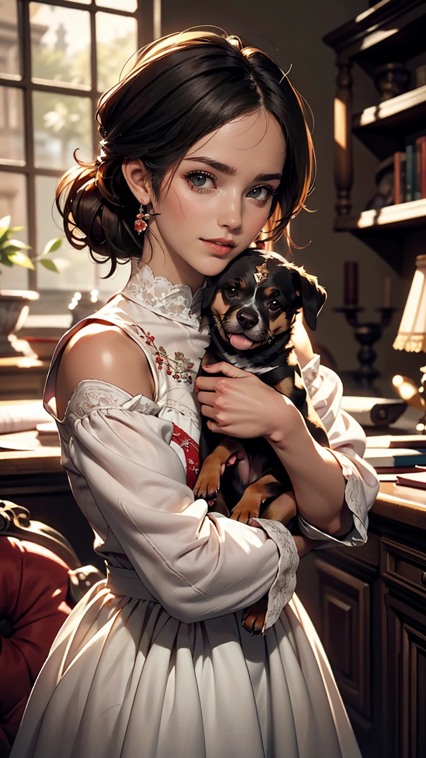 Cute Puppy. Beautiful puppy. Cute Puppy. Portrait of a woman in a white dress, Holding a book with delicate hands, Expressing beauty and strength. Detailed portrait of an indigenous woman drawn in cartoon style, With beautiful eyes, Quick brushstrokes and vibrant colors. Cute Puppy. Beautiful puppy. Cute Puppyの傑作, Has red and white fur. Italian girl posing, Detailed face, Black Hair, An athletic body, Wearing red flannel and jeans. Soft Hair, Smile, Cute Italian.