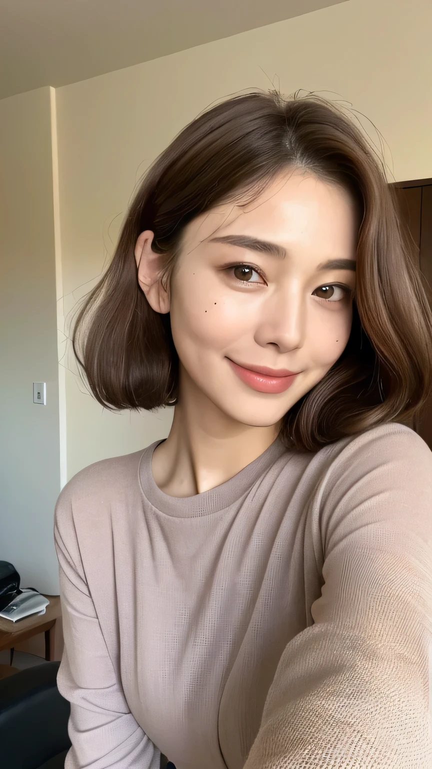 ((highest quality, 8k, masterpiece: 1.3)), 1 female, Japanese Mature,Sensual beauty: 1.3, (Hair style Brown hair Medium wave, big: 1.2), Relaxed loungewear: 1.1, Super slender face, Delicate eyes, double eyelid, Dimples,Mole, Home,relax,smile,Plump body,