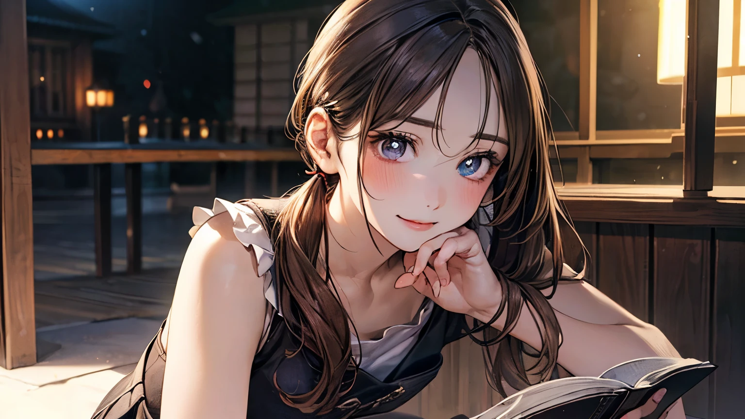 (masterpiece:1.2, highest quality), (Realistic, photoRealistic:1.4), Beautiful illustrations, (Natural Side Lighting, Cinema Lighting), Browsing Caution, 
View your viewers, Face Focus, whole body, 1 girl, Japanese, Reading a book女性, Perfect Face, Cute and symmetrical face, Shiny skin, 
(Mid-length hair:1.7, Side Ponytail:1.2, Light brown hair), Swept-apart bangs, blue eyes, Droopy eyes, Long Eyelashes, (Medium chest), thin, 
Beautiful Hair, Beautiful Face, Beautiful fine details, Beautiful clavicle, Beautiful body, Beautiful breasts, Beautiful thighs, Beautiful feet, Beautiful fingers, 
((Detailed cloth texture, one piece,mini skirt)), 
(Beautiful views), winter, evening, (Outdoor), , (Heart-shaped pupils, In the heat, Excited), Sitting,Reading a book,