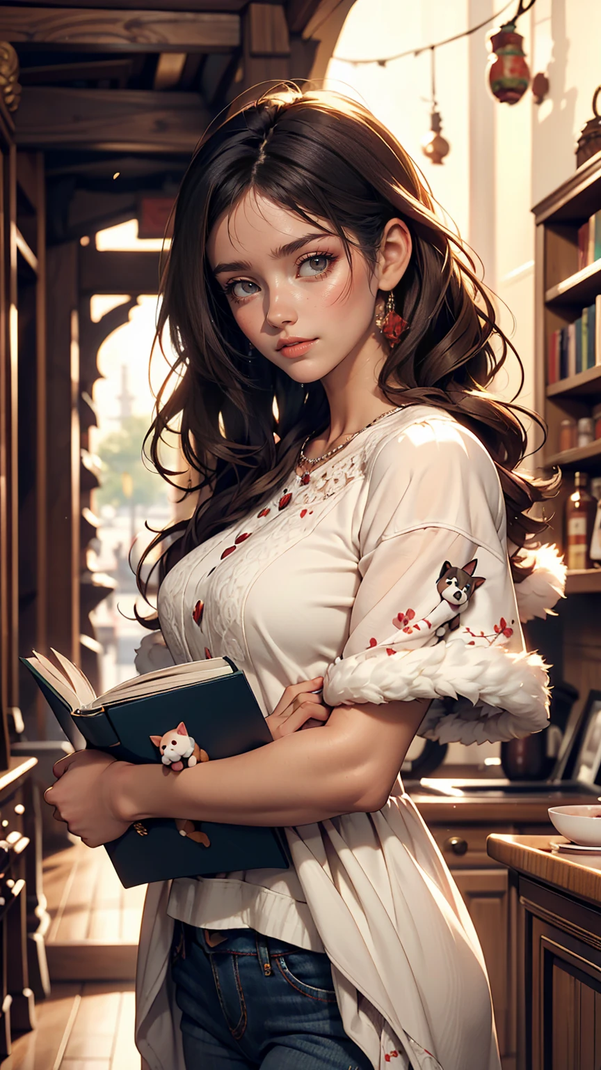 Cute Puppy. Beautiful puppy. Cute Puppy. Portrait of a woman in a white dress, Holding a book with delicate hands, Expressing beauty and strength. Detailed portrait of an indigenous woman drawn in cartoon style, With beautiful eyes, Quick brushstrokes and vibrant colors. Cute Puppy. Beautiful puppy. Cute Puppyの傑作, Has red and white fur. Italian girl posing, Detailed face, Black Hair, An athletic body, Wearing red flannel and jeans. Soft Hair, Smile, Cute Italian.