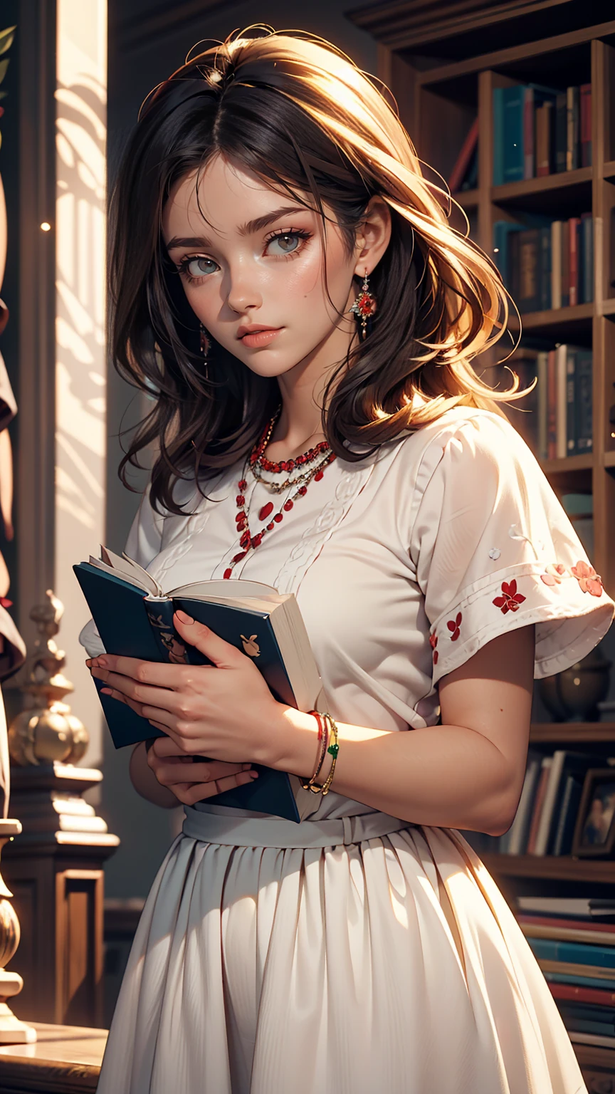 Cute Puppy. Beautiful puppy. Cute Puppy. Portrait of a woman in a white dress, Holding a book with delicate hands, Expressing beauty and strength. Detailed portrait of an indigenous woman drawn in cartoon style, With beautiful eyes, Quick brushstrokes and vibrant colors. Cute Puppy. Beautiful puppy. Cute Puppyの傑作, Has red and white fur. Italian girl posing, Detailed face, Black Hair, An athletic body, Wearing red flannel and jeans. Soft Hair, Smile, Cute Italian.