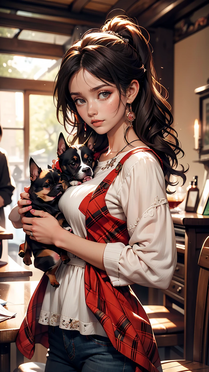 Cute Puppy. Beautiful puppy. Cute Puppy. Portrait of a woman in a white dress, Holding a book with delicate hands, Expressing beauty and strength. Detailed portrait of an indigenous woman drawn in cartoon style, With beautiful eyes, Quick brushstrokes and vibrant colors. Cute Puppy. Beautiful puppy. Cute Puppyの傑作, Has red and white fur. Italian girl posing, Detailed face, Black Hair, An athletic body, Wearing red flannel and jeans. Soft Hair, Smile, Cute Italian.