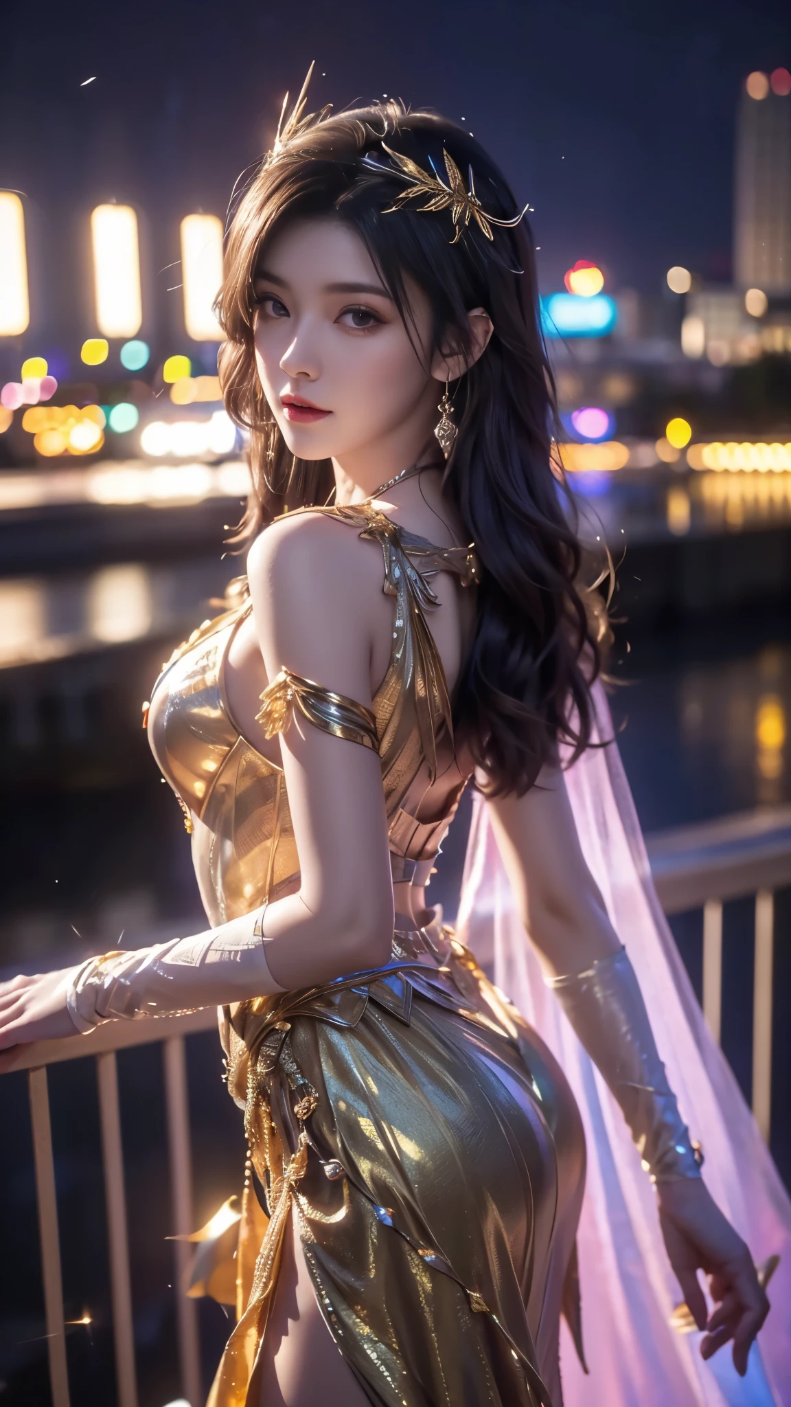 8K, UHD, MAsterpiece, best quality, 1 girl, ((realistic face)), happy pace, very long hair, small breasts, perfect waist, decorated dress, very beautiful ornaments dress, golden color, ((lace)), mesh dress, mesh cape flowing, sardine, loops, ((ornaments)), legendary night balcony, ((night:1.5)), depth of field, cinematic lighting, chromatic aberration, motion blur, glowing light, god rays, ray tracing, ((reflection light)), backlighting, bloom, chromatic aberration abuse, multiple monochrome, belly pose,