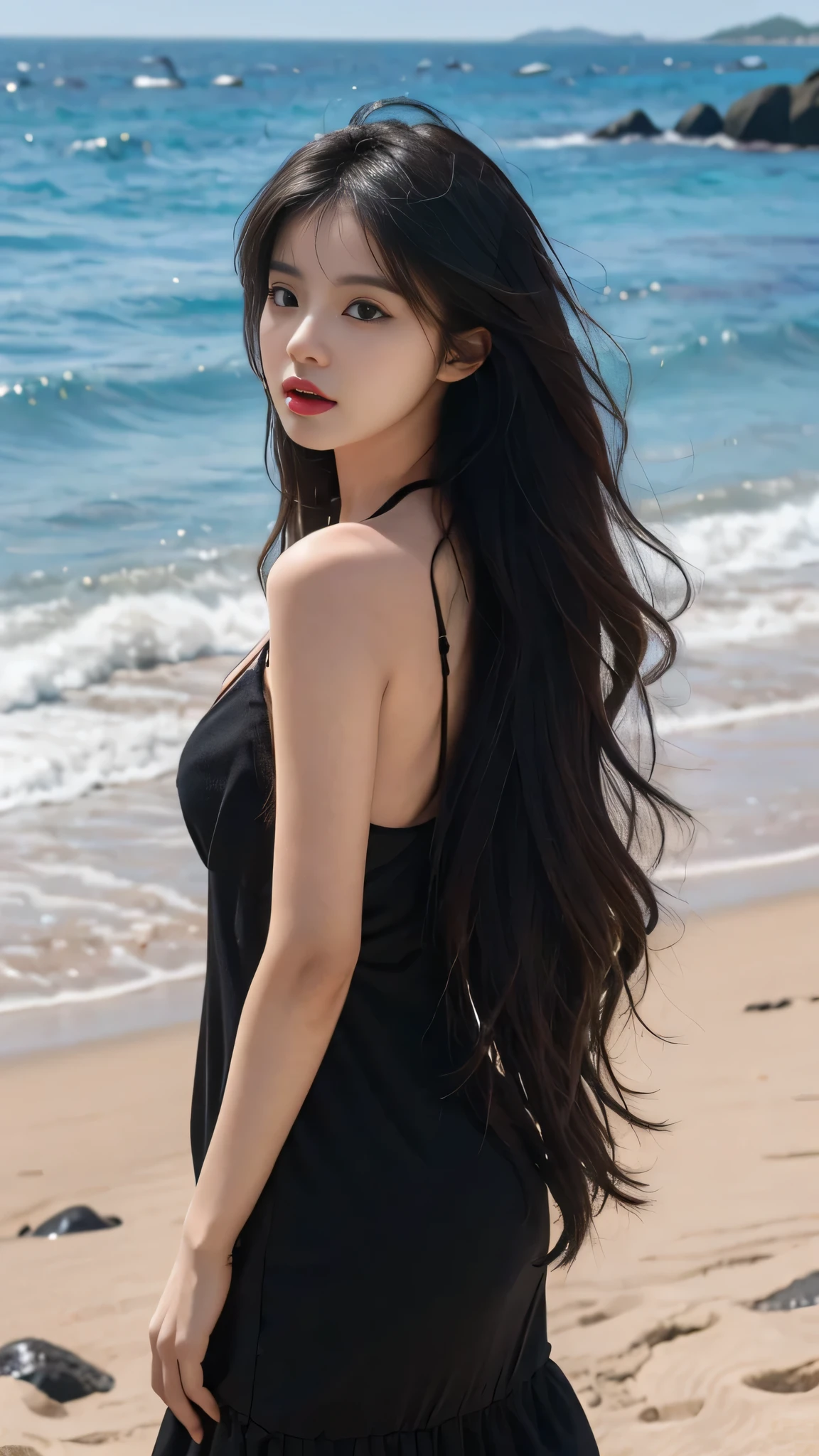 best quality,masterpiece,ultra high resolution,(actual:1.4),original photo,ultra high definition，8k，A perfect young female，in the dark，High picture quality，Black hair，Long hair flowing over the shoulders，Beach wave hairstyle，Hydrated red lips，Real Human，CG rendering