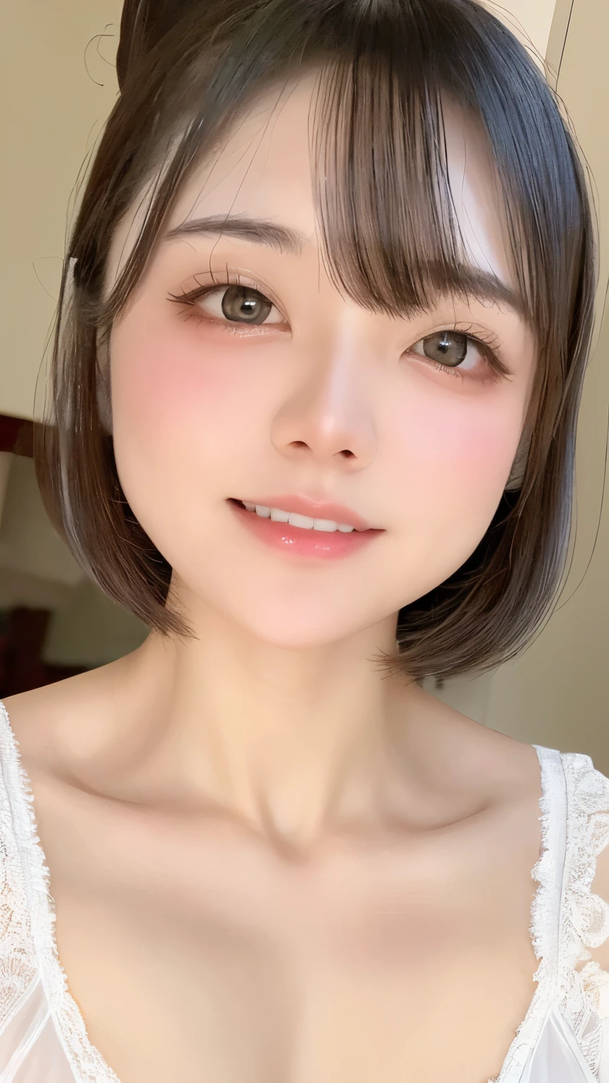 Beautiful and fair、Radiant Skin, 3 Up, Gorgeous, bright, Refreshing and gentle expression, Perfect beautiful face、Beautiful shiny bangs, A very beautiful  girl, Eyeliner, Very perfect eyes，Very large breasts，Grooves reveal original skin，Muscular body，Huge white tight lace lingerie，Upper Body