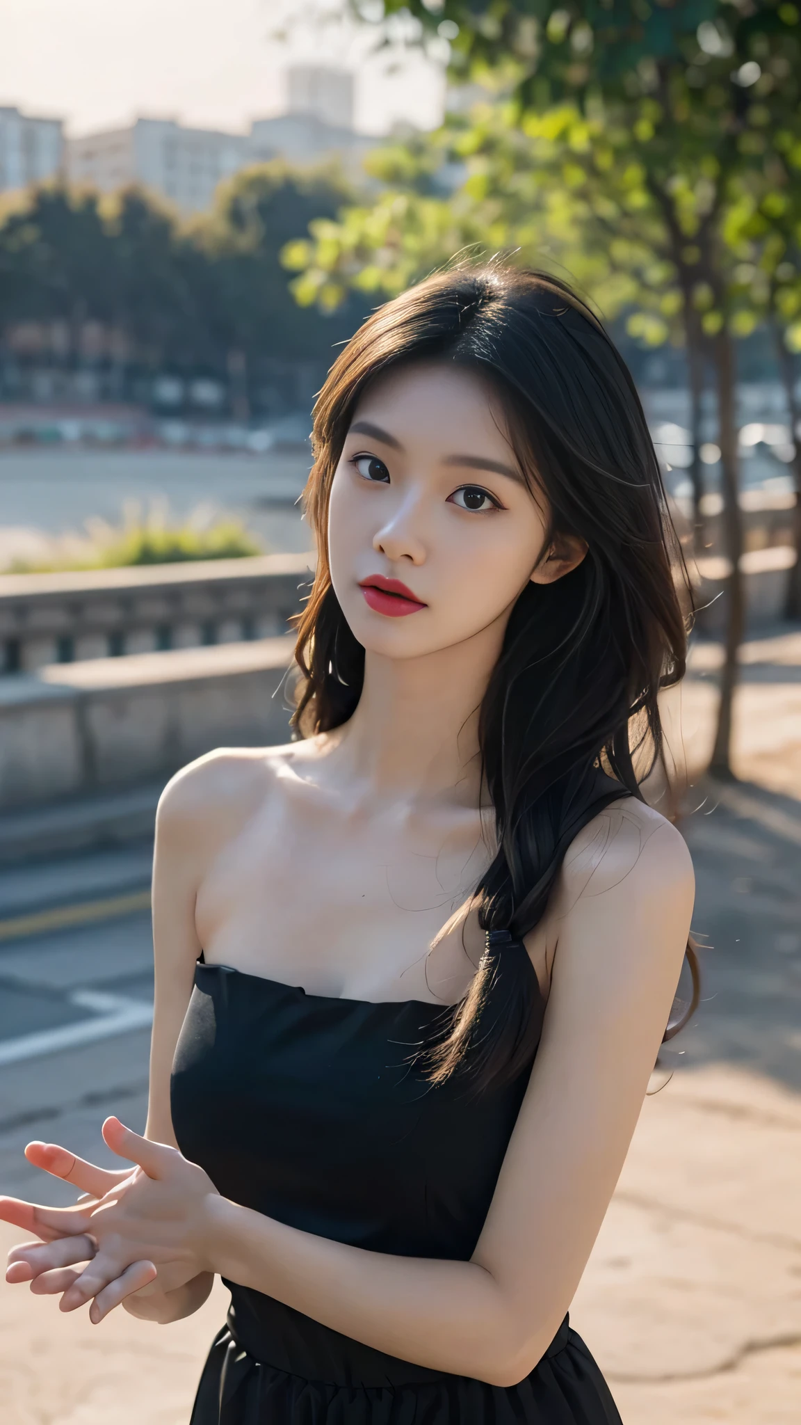 A perfect young female white-collar worker,Chinese,High picture quality,Works of masters,Black hair,Long hair flowing over the shoulders,Beach wave hairstyle,cropped shoulders,clavicle,exquisite face,Hydrated red lips,Real Human,CG rendering,16k,Stand up,Do not show your hands,Close-up shot