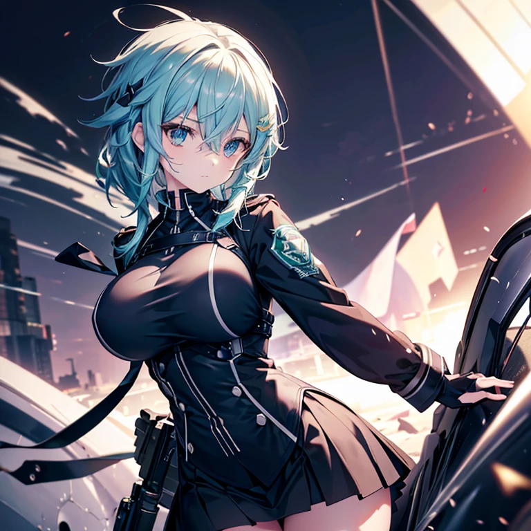 Sinon, typemoon, (fleeing:1.5), vivid, delicate, in garden, black military jacket, cool silk shirts, miniskirt, glamour style body, dynamic angle, (masterpiece, high quality, ultra detailed, high resolution, professional lighting, ultra HD, ultra 8k), (perfect anatomy, best proportion, detailed face, detailed eyes, detailed hair, detailed perfect hands, beautiful), (ultra detailed breast skin texture, ultra enormous gigantic breast expansion, ),