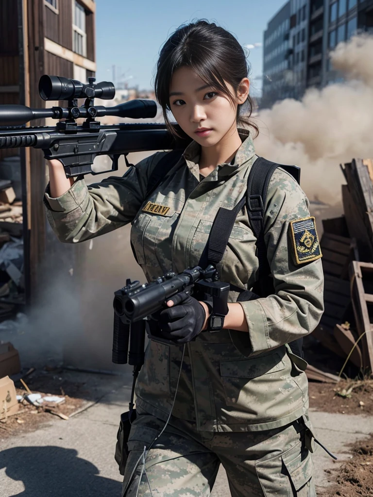 Realistic、Realistic skin texture、A beautiful Japanese woman in the US military takes aim with a sniper rifle.、Are standing、On the rubble、Brown dust smoke、Dynamic action pose、Image from the top of the front