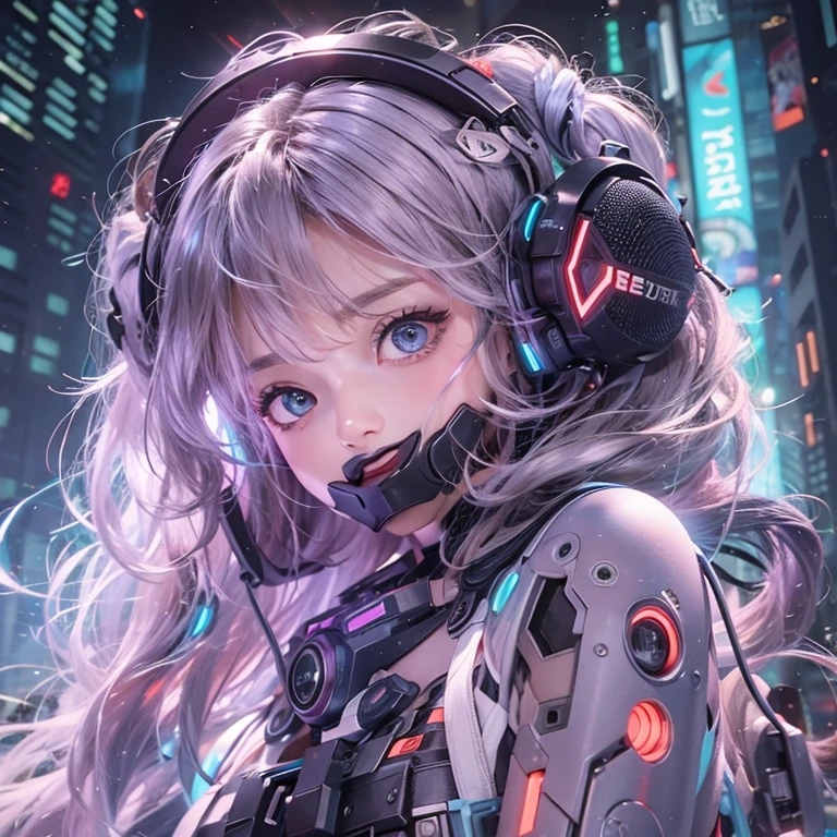 Futuristic space、Hair flow、 ((highest quality、masterpiece、8k、Best image quality、Ultra-high resolution、Award-winning works)、(Accurate anatomy:1.1)、(Look at me and smile:1.1)、Shining fair skin with Ultra-high resolution、The most detailed face、Ultra-high resolution detailed face、Ultra-high resolutionの髪の毛、(Ultra-high resolutionの煌めく瞳:1.1)、Beautiful face drawn in every detail、(Blurred Background:1.1)、Cyberpunk Costume :1.3, Chest to chest, Diva singing microphone、