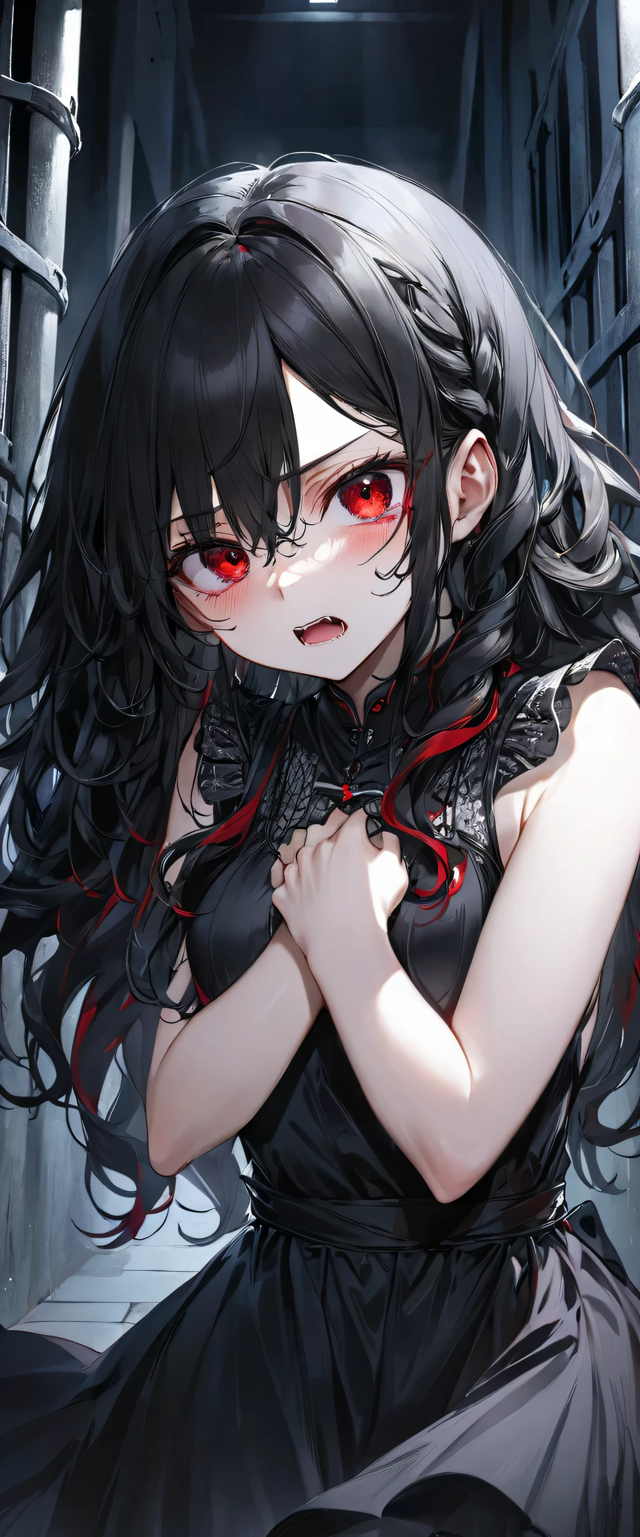 low angle, ((Outlaw:1.4 underground evil style)) ((in a beautiful black evil dress)), (solo curly:1.4 black hair long hair evil princess girl, 15 yo, tears:1.3 detailed red eyes, agony face) is (hugging own body), break, (in the Underground Temple of the Evil God, in night, background a Prison), BREAK, perfect anatomy, masterpiece, best quality, 16k.