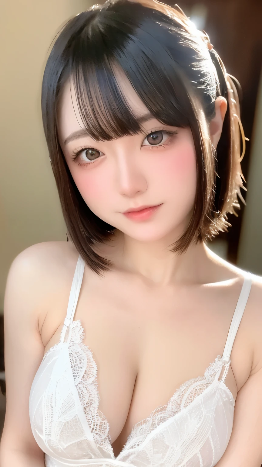 Beautiful and fair、Radiant Skin, 3 Up, Gorgeous, bright, Refreshing and gentle expression, Perfect beautiful face、Beautiful shiny bangs, A very beautiful 17 year old girl, Eyeliner, Very perfect eyes,Very large breasts,Grooves reveal original skin,Muscular body,Huge white tight lace lingerie,Upper Body