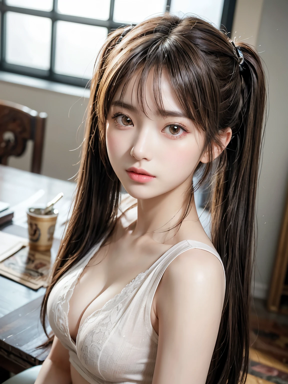 (((masterpiece))),(((highest quality))),(((Very detailed))), (Very realistic illustrations:1.8), (Brown long hair、See-through bangs), (Twin tails:1.5), (Thin Hair:1.3), (Hair accessories are not permitted), (Small breasts), A strong wind is blowing, indoor, Day, Realistic Background, Official Art, Browsing Caution, (Best Anatomy), (Soft Skin:1.2), (Beautiful oil skin with ultra-high resolution:1.2), skirt, Light-colored clothing, Draw the whole body、Cleavage