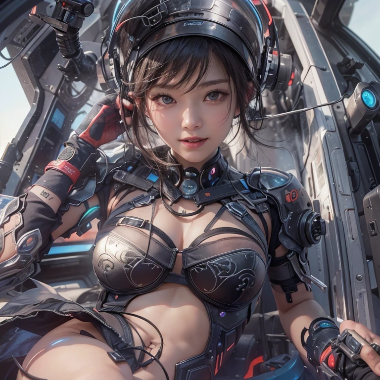 Futuristic mobile ride、Hair flow、 ((highest quality、masterpiece、8k、Best image quality、Ultra-high resolution、Award-winning works)、(Accurate anatomy:1.1)、(Look at me and smile:1.1)、Shining fair skin with Ultra-high resolution、The most detailed face、Ultra-high resolution detailed face、Ultra-high resolutionの髪の毛、(Ultra-high resolutionの煌めく瞳:1.1)、Beautiful face drawn in every detail、(Blurred Background:1.1)、Cyberpunk Clothing, Chest to chest, tattoo, desert 