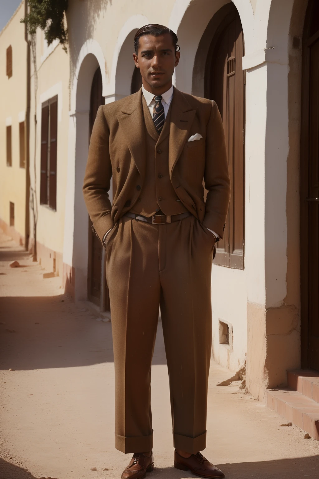 Tetouan, 1937. A young ((((35-year-old)) Marcus Logan)), englishman, tall, ((((clothings from the 1930s)))), ((messy chestnut hairstyle of the 1930s)), (colorful)