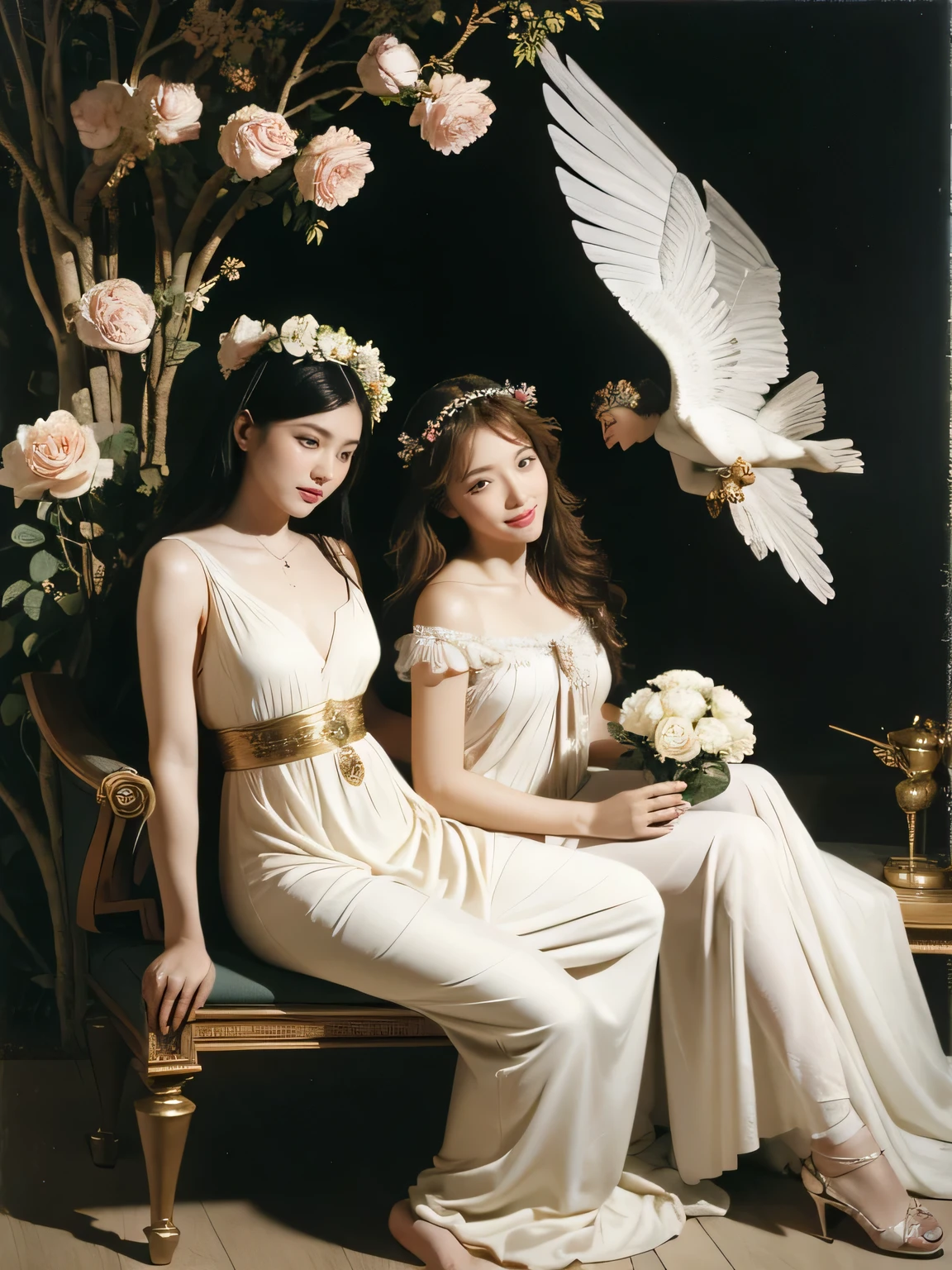 Female angel with two white wing,full body portrait or statue、Sandro Botticelli painting style,Arguments of two female Philosophe,math、astronomical machine、astronaut、roses in vase、fruits、Cute trinkets、smile、ancient greek costume、Ancient Roman landscape in the style of Nicolas Poussin,laughter,,Sweet and seductive appearance.、Caravaggio's paintings、Chiaroscuro of Caravaggio、hair tousled by the wind,Two women frolicking,cute smile, expression of ecstasy,Sexy,erotic