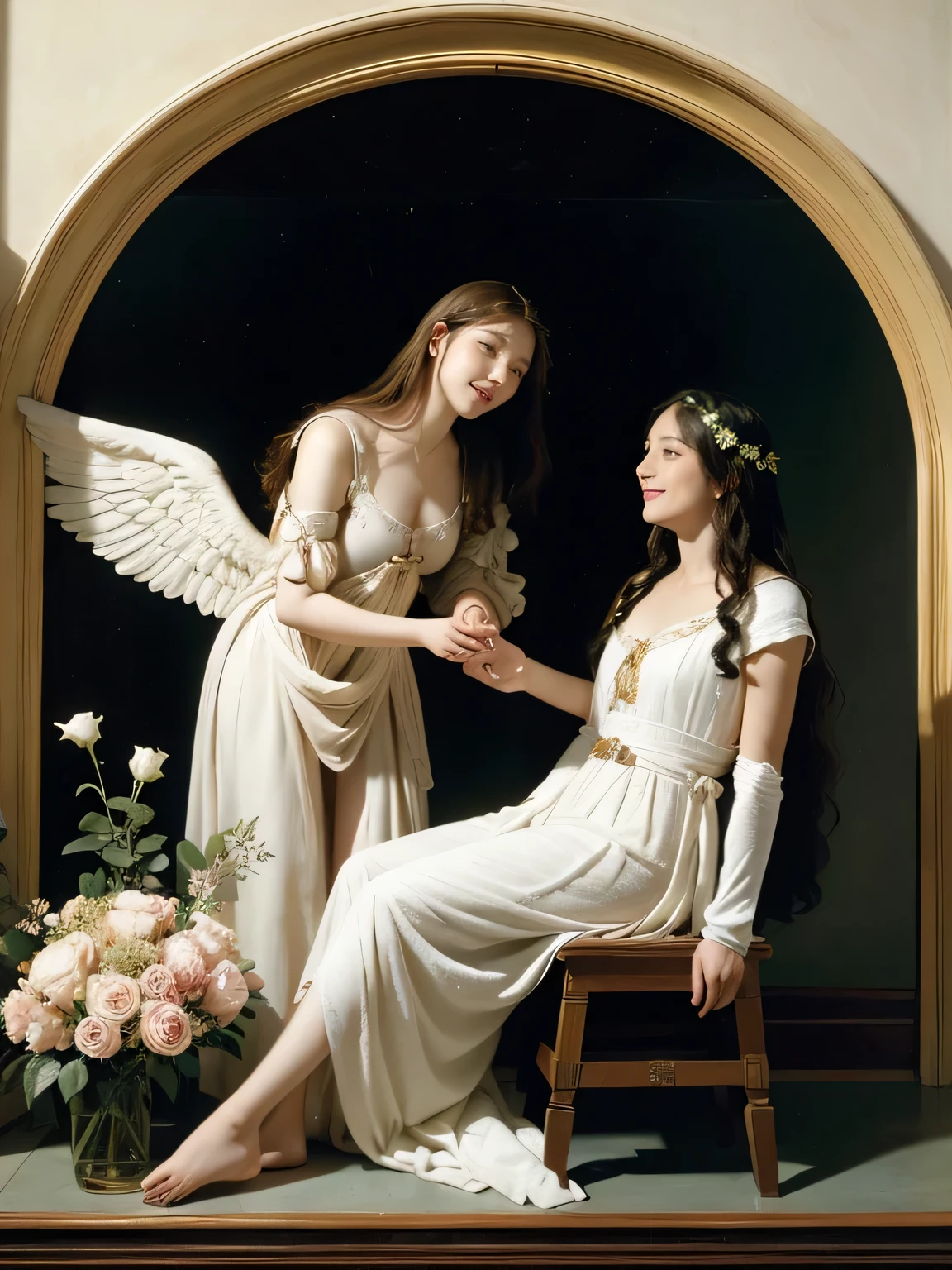 White winged female angel.full body portrait or statue、Sandro Botticelli painting style,Arguments of two female Philosophe,math、astronomical machine、astronaut、roses in vase、fruits、Cute trinkets、smile、ancient greek costume、Ancient Roman landscape in the style of Nicolas Poussin,laughter,,Sweet and seductive appearance.、Caravaggio's paintings、Chiaroscuro of Caravaggio、hair tousled by the wind,Two women frolicking,cute smile, expression of ecstasy,Sexy,erotic