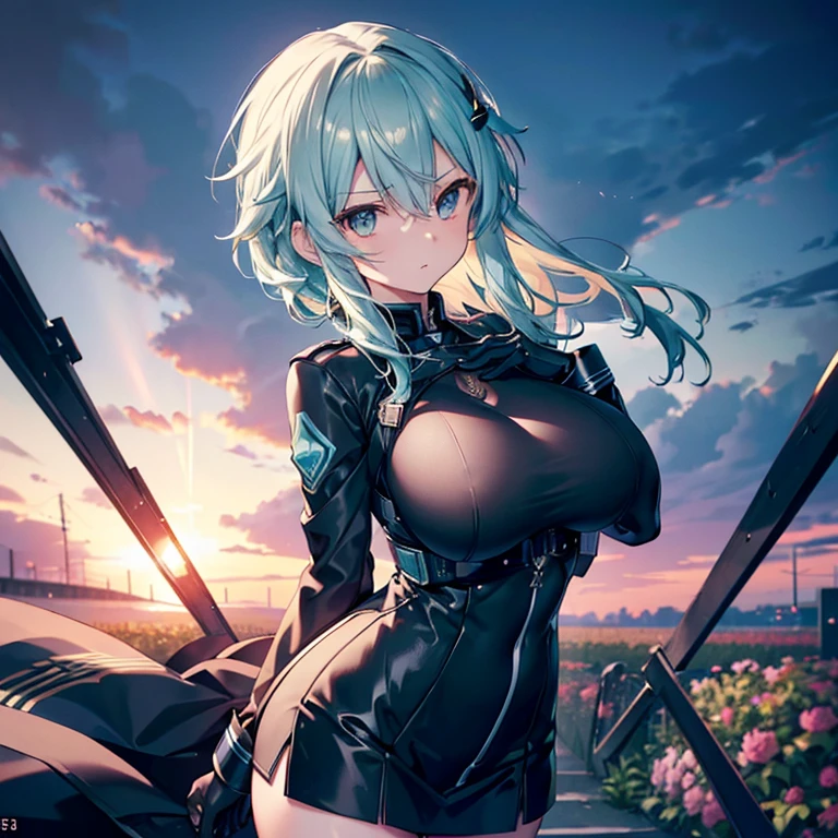 Sinon, typemoon, (fleeing:1.5), vivid, delicate, in garden, black military jacket, cool silk shirts, miniskirt, glamour style body, dynamic angle, (masterpiece, high quality, ultra detailed, high resolution, professional lighting, ultra HD, ultra 8k), (perfect anatomy, best proportion, detailed face, detailed eyes, detailed hair, detailed perfect hands, beautiful), (ultra detailed breast skin texture, ultra enormous gigantic breast expansion, ), (( girl, pov, hetero, )), 