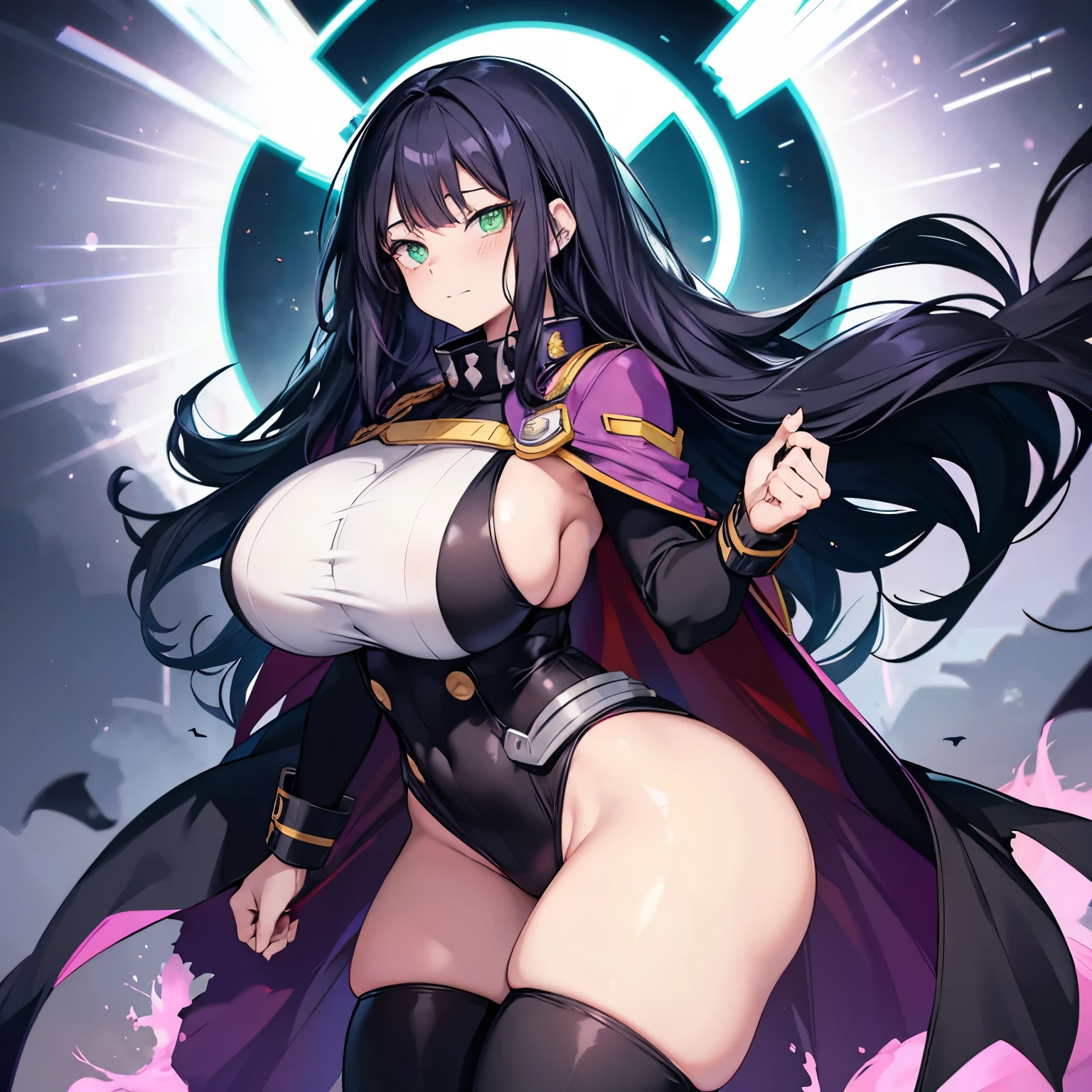boku no hero style, my hero academia style, anime style, no mistakes, perfect hands, 1 woman, heroine, no cape, dark purple outfit, long black hair with yellow tips, green eyes, perfect body, huge breasts, fat ass, thighs very thick
