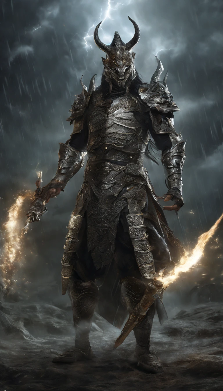 This warrior wearing an exoskeleton armor,Holding a diamond meteorite double-edged spear,The blade of the gun was filled with a chilling cold air.,There are countless dragon-like lightning circling around the gun.,The crackling sound of thunder-like explosion,The black armor and silver helmet have many teeth like steel blades embedded in the front of the helmet.,Looks like a demon with green face and fangs,There is an electric light disk hanging behind,Hanging in the Dharma Plate is a nine-section whip that looks like a crocodile's tail.,There is a sense of permeability outside。
His skin is filled with silver-gray color similar to crocodile scales and is filled with alloy armor.,Exuding a majestic black aura,I saw the dazzling power of thunder flashing in the black air.,Soul-stirring。
He stepped on two lightning wheels, like the reincarnation of Nezha.,The golden sparks mixed with lightning flashes hanging high in the air further highlight his majestic and heroic appearance.,He gently turned the silver spear in his hand,Suddenly, the surrounding environment was covered with dark clouds.,Flying sand and rocks, stars and lightning。