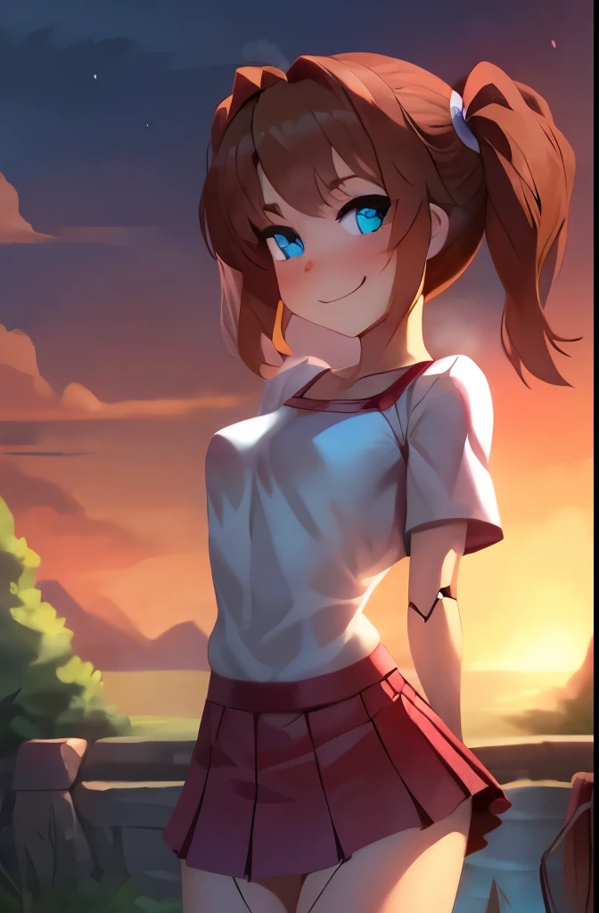 A Female robot grabs her ass, spread legs, nude, banzai pose. she wears no dress. She Brown short hair is tied with two big red clothespins, She lifts up the under hem of her white plain dress, leaning over, masterpiece, very short pigtails,brown hair, mature, android, blue eyes, full body figure, Height: 160cm, flushed cheeks, 2020s anime picture, A beautiful robot with short brown hair in two short pigtails held up by two very large huge red clothespins, Uplifting, No NSFW, whole body, barefoot, archaic smile, getting orgasm, 25 years old, sweat bucket. short sleeve shirt, pleated skirt, beautiful scenery, evening, skirt lift, no panties, genitals visible, full body shot, sexy face. between mirrors, floating hair, looking away. She wears hot pants. She has broken hardly by enemy. 