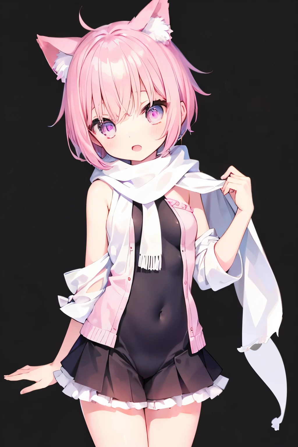 Very beautiful and Shining Eyes、Shining Eyes、1 girl、Small breasts、Big Mouth、high school girl、Small breasts、Cat ear、Transparent pink short hair、scarf、hot pants、Transparent clothes、Childish clothes、7--old l