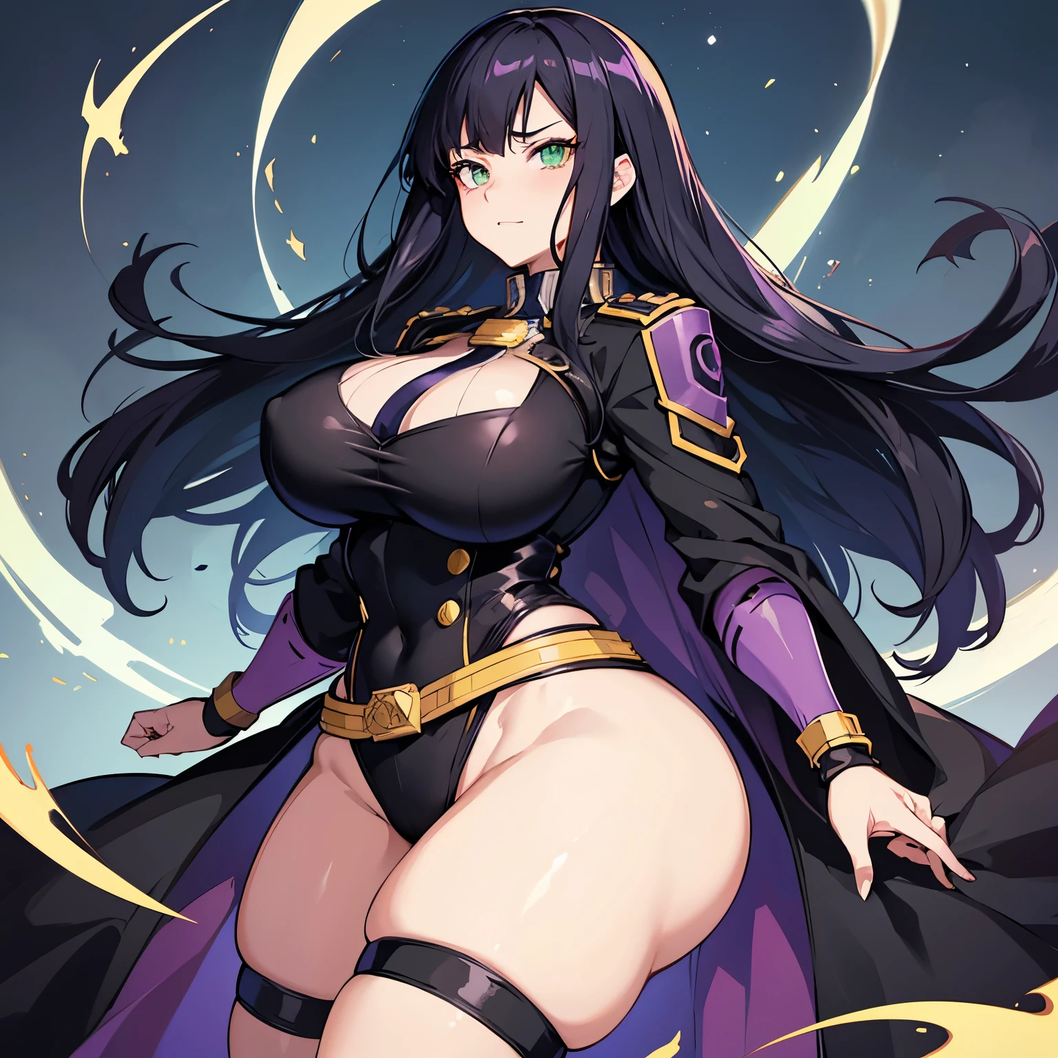 boku no hero style, my hero academia style, anime style, no mistakes, perfect hands, 1 woman, she is mature, heroine, no cape, dark purple clothes, long black hair with yellow tips, green eyes, perfect body, huge breasts, fat ass, very thick thighs