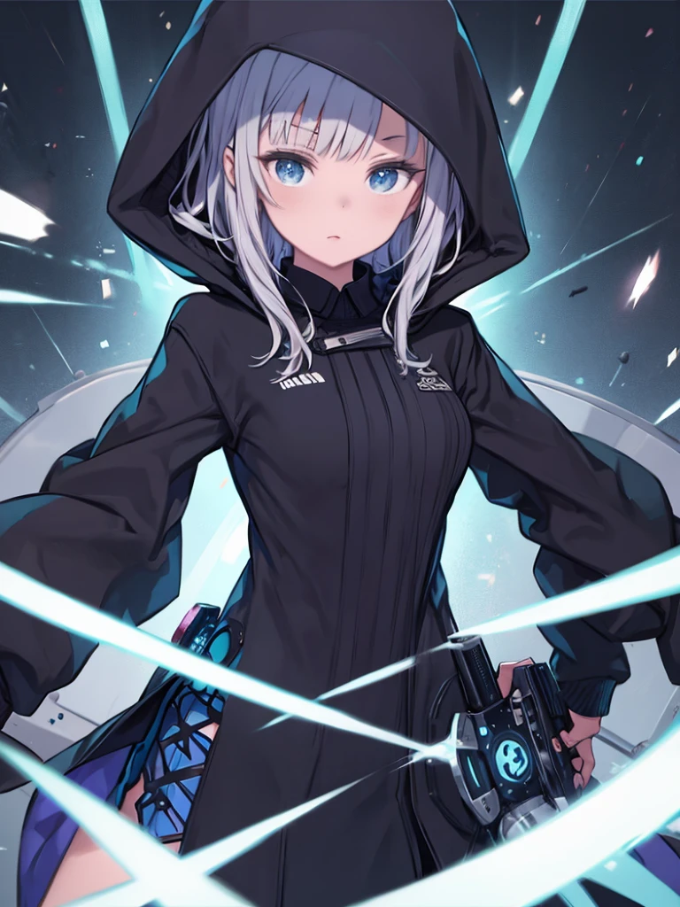 Woman seen from the front, high quality,  Wearing a long-sleeved blue shirt with black details, Hooded, Bright Blue Eyes, Effective, DJ  